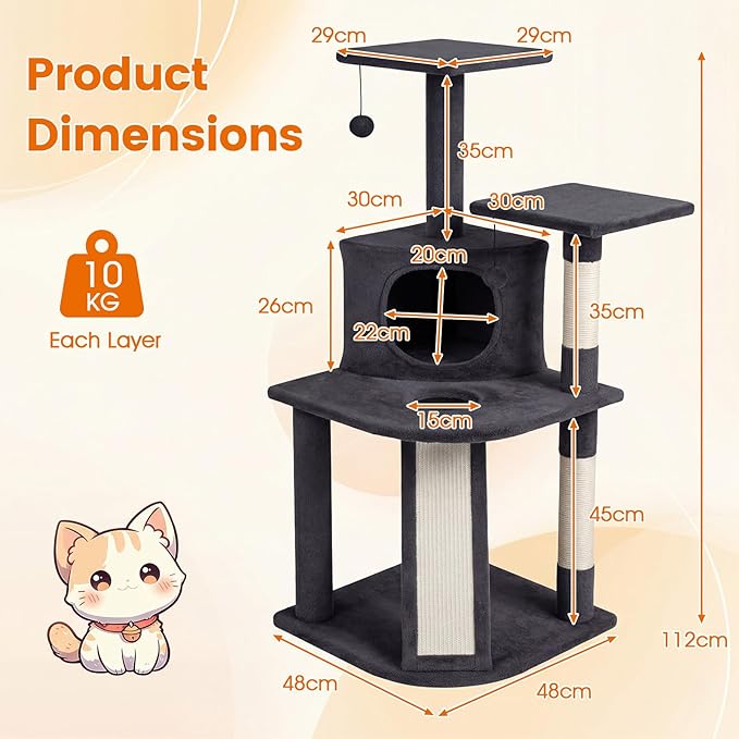 PETSITE 44-inch Multi-Level Cat Tree, Modern Cat Tower with Sisal Scratching Posts, Cozy Condo, Playful Cat Hole, Sisal Covered Ladder, and Dangling Ball, Ideal for Indoor Cats and Kittens (Dark Grey)