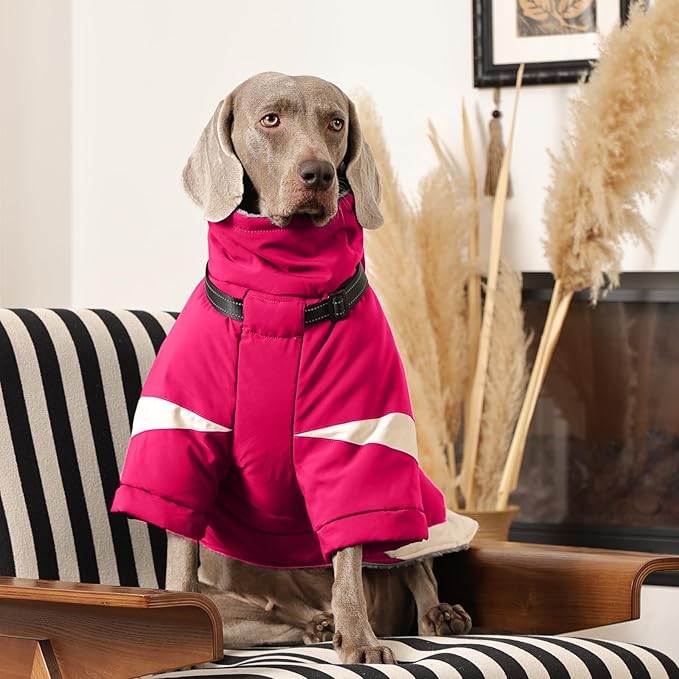 MIGOHI Ultra Thick Dog Jacket,Reflective Medium Dog Coat with Harness Built in,Warm Pet Winter Coat Zip Up Puffer Jacket with Furry Collar for Medium Dogs with Legs Outdoor Adventure,L,Rosered