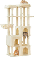 MWPO Large Cat Tree for Indoor Cats, 63-inch Cat Tower with 3 Cat Condos, Scratching Posts, Padded Perches, Hammock, Dangling Toys, Beige
