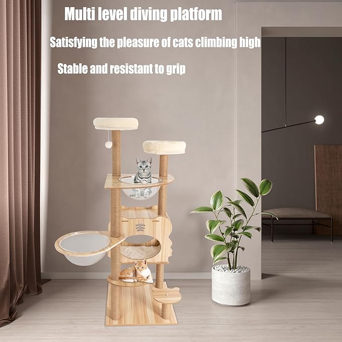 54 -Inch Multi-Level Cat Scratching Post, Cat Tree Tower for Indoor Cats, Cat Condo with Clear Space Capsule,Large Cat Tree Weight Capacity Less Than 33.07lbs,Brown