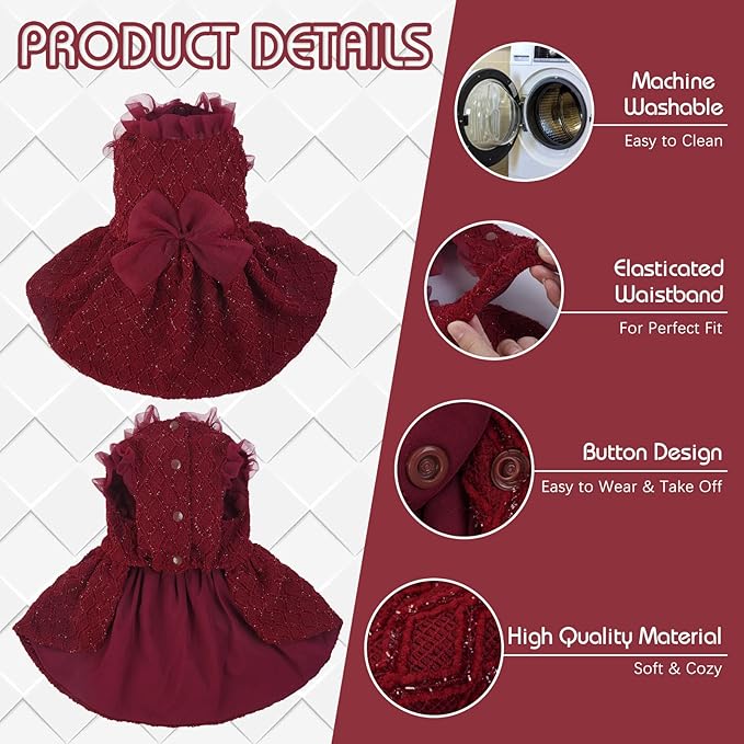 Kuoser Dog Dress, Cute Dog Dresses for Medium Large Dogs Girl Elegant Puppy Tutu with Bow-Knot, Doggie Princess Costume Pet Outfit for Birthday Party Christmas Halloween Wedding, Red L