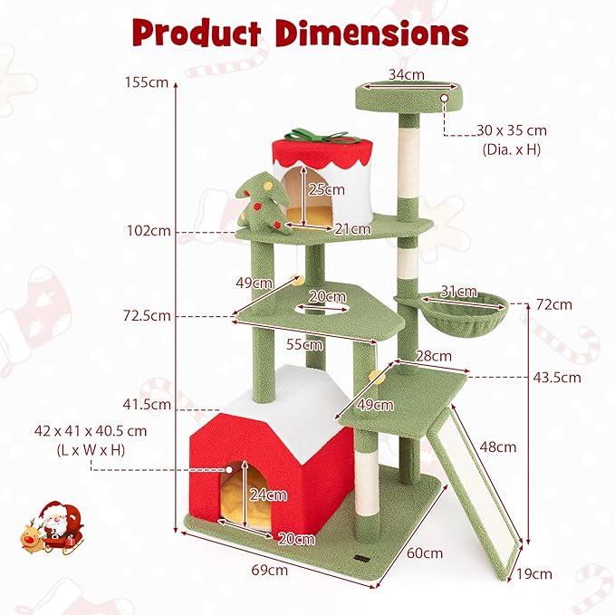 PETSITE 61 inch Cat Christmas Tree, Multi-Level Cat Tower with Sisal Scratching Posts, 2 Cat Condos, Basket Bed, Sisal Covered Ladder, Cute Cat Tree for Indoor Cats
