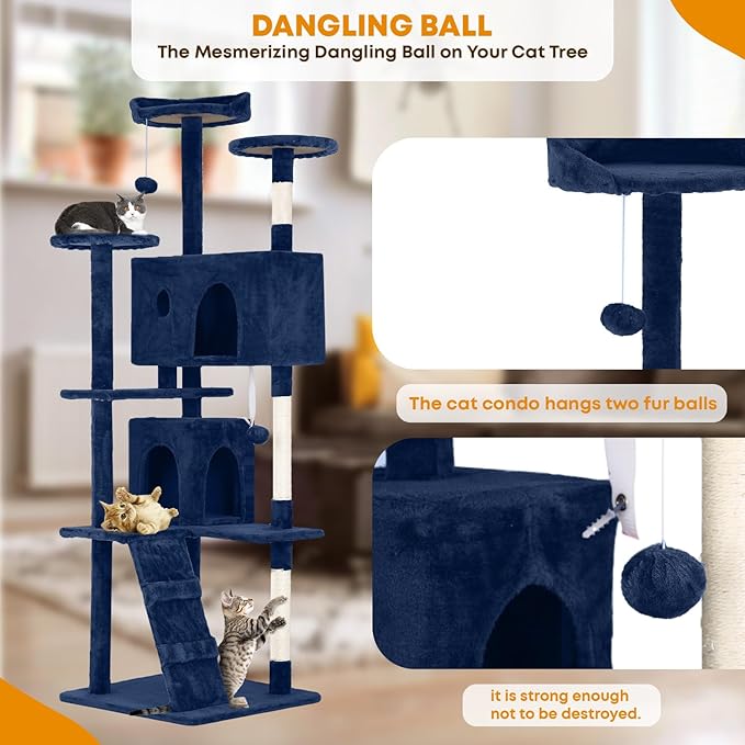 70in Cat Tree for Indoor Cats, Cat Tower with Cat Scratching Post, Multi-Level Cat Furniture, Cat Tower with Funny Toys for Kittens-Navy Blue