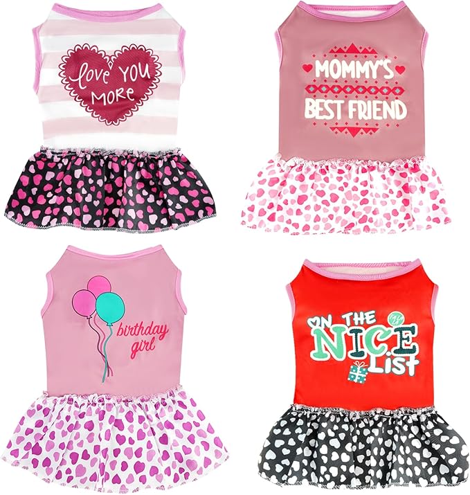 4 Pack Adorable Puppy Dog Printed Clothes for Small Dogs - Girl Holiday Apparel Dresses(L)