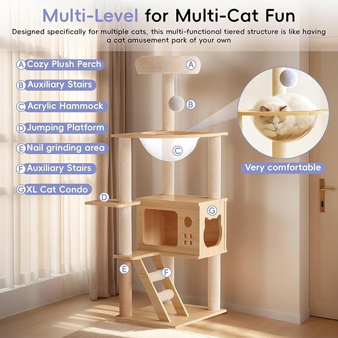 48.8" Wooden Cat Tree for Indoor Cats, Multi-Level Cat Tower with Space Capsule, Acrylic Hammock, Sisal Scratching Posts & Ladder, Large Cat Condo for Small and Large Cats