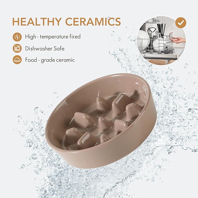 Ceramic 0.9 Cup Dog Bowl Slow Feeder, 6.1inch Slow Pet Food Dish for Small Dog and Cat, Stop Bloat, Preventing Choking(Single Bowl, Brown Coffee)
