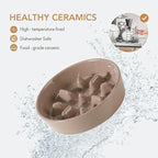 Ceramic 1.2 Cup Raised Slow Feeder Dog Bowl Set, Elevated 6.1inch Bowl and 7.3inch Slow Pet Food Dish with Wooden Stand for Small and Medium Dog (2 x Brown Coffee+ Stand)