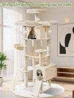 Taoqimiao 76-Inch Cat Tree with Scratching Posts,XXL Cat Tower for Large Cats with Cat Scratching Board,Extra-Large Metal Hammock,3 Perches, 2 Big Condos, Hanging Basket, MS047M, Beige