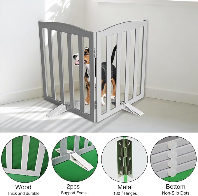Freestanding Dog Gate Indoor,Doggie Gate Foldable Pet Gates for Doorways,Stairs or Hallways, Wooden Grey Pet Gate for the House, Pet Fence with Support Feet Included,24 "Height-2 Panels