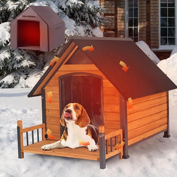 GUTINNEEN Heated Outdoor Dog House Insulated Weatherproof Dog Kennel for Large Breed with All-Around Metal Frame, Anti-Bite Dog Shelter with Porch (Brown, 50.9'' Large)