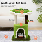 Multi-Level Cat Tree with Sisal Scratching Post, Small Cat Tower with Cozy Condo, Soft Top Perch and Interactive Toy Mouse, Cute Forest Design Cat Furniture for Indoor Cats and Kittens