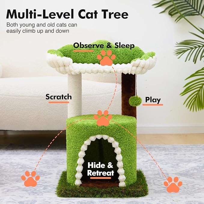 Multi-Level Cat Tree with Sisal Scratching Post, Small Cat Tower with Cozy Condo, Soft Top Perch and Interactive Toy Mouse, Cute Forest Design Cat Furniture for Indoor Cats and Kittens
