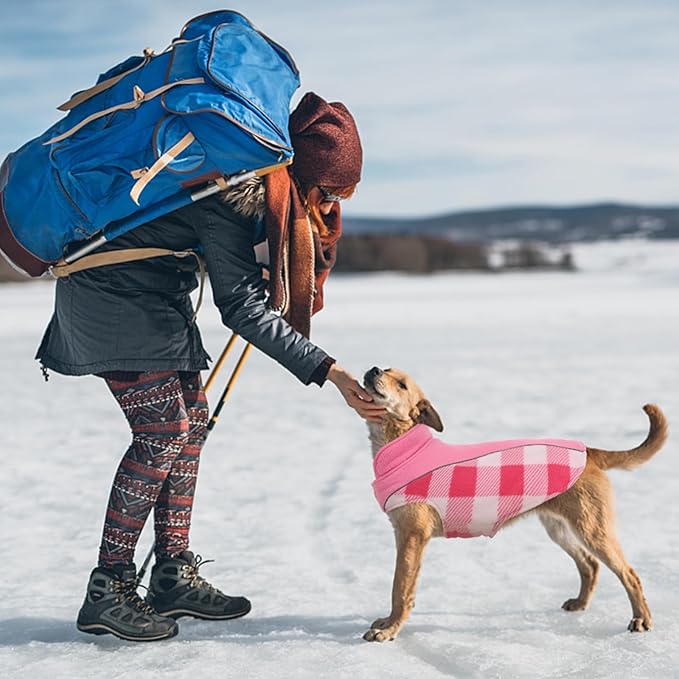 Kuoser Dog Winter Coat, Reversible Waterproof Dog Jacket with Reflective Strip, Warm Dogs Fleece Vest Adjustable Doggy Cold Weather Clothes Plaid Christmas Outfit Pet Apparel for Small Dogs, Pink S