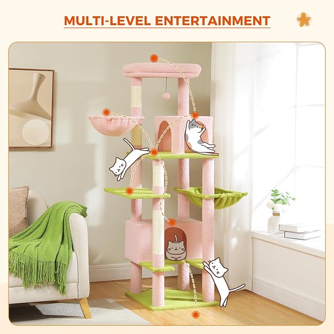 PEQULTI 66" Cat Tree for Indoor Cats, Tall Cat Tower for Large Cats with Scratching Post, Super Large Metal Hammock[20''X12''] and 2 Big Condos, Pink