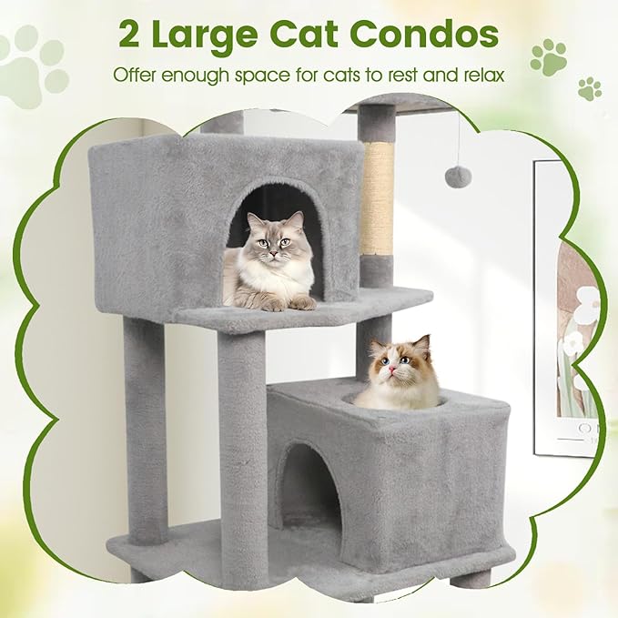 PETSITE Multi-Level Cat Tree, 75 Inches Tall with Sisal Scratching Posts, 2 Condos, Hammock, Dangling Balls, and Cozy Top Perch, Ideal for Indoor Cats to Play and Rest (Grey)