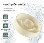 Ceramic 0.9 Cup Raised Dog Slow Feeder Set, Elevated Bowl with Wooden Stand for Small Dog and Cat, 6.1inch Puzzle Slow Dog Food Dish, Anti-Gulping(Light Yellow, Single Bowl+ Stand)