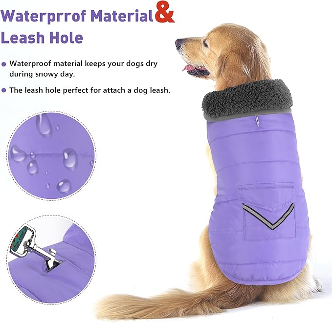 Dog Coat, Waterproof Dog Winter Jacket with Pocket, Reflective Adjustable Pet Snow Vest, Warm Cozy Fleece Sweater for Small Medium Extra Large Dogs - Light Purple, XS