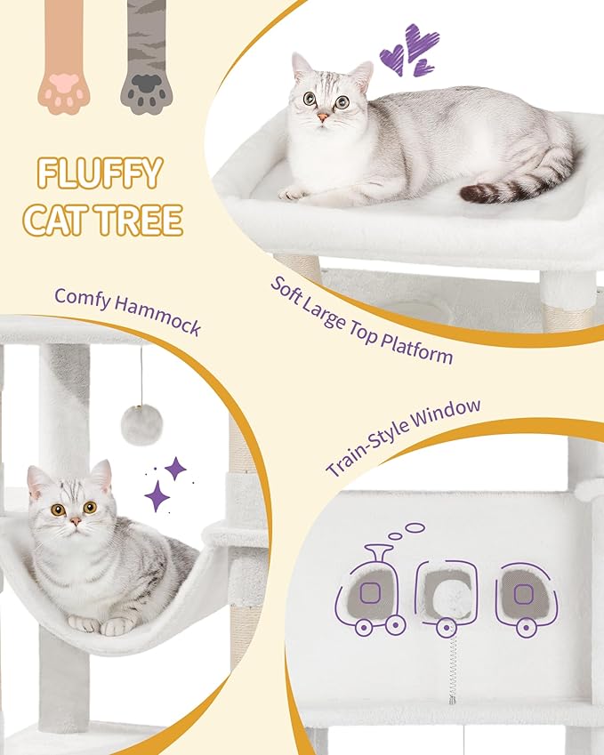 Cat Tree, 82.6" Large Cat Tower for Indoor Cats, Multi-Level Cat House with Condo, 8 Scratching Posts, Hammock, 4 Pom Poms, White MS21018WT