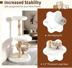 PETSITE 48.5 Inches Wood Cat Tree, Multi-Level White Modern Cat Tree with Hanging Basket, Solid Natural Peer Wood Post Wrapped with Jute Ropes, Soft Long Plush Covered Perches and Base