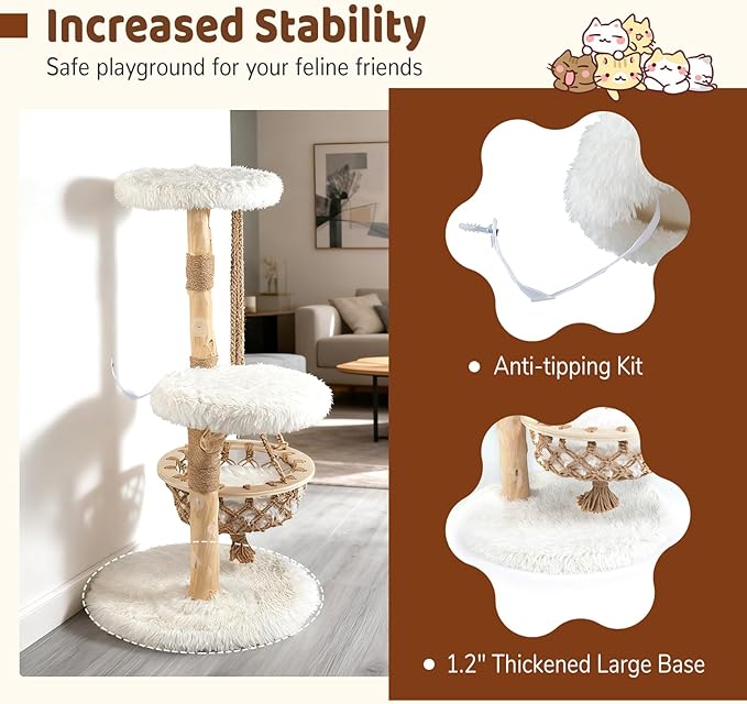 PETSITE 48.5 Inches Wood Cat Tree, Multi-Level White Modern Cat Tree with Hanging Basket, Solid Natural Peer Wood Post Wrapped with Jute Ropes, Soft Long Plush Covered Perches and Base