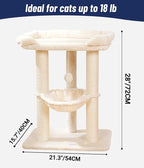 Happi N Pets 28" Cat Tree, Large Bed for Big Cats, Small Cat Tower with Soft Perch for Window Viewing, Stable Cat Tree Tower, Cat Scratching Post with Hammock, Removable Cover-Beige