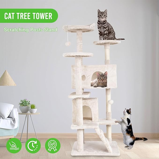 24/7 Shop at Home Court 54 inch Multi-Level Cute Cat Tree Tower with Dangling Ball and Scratching Posts for Indoor Cats Adults, Kitten Supplies, Pet House, Beige