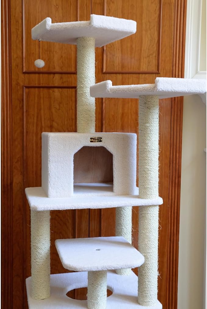 Cat Tree Tower Six Level Ivory Playhouse Cat Scratching Post - 81" Tall Indoor Kitty Condo 152