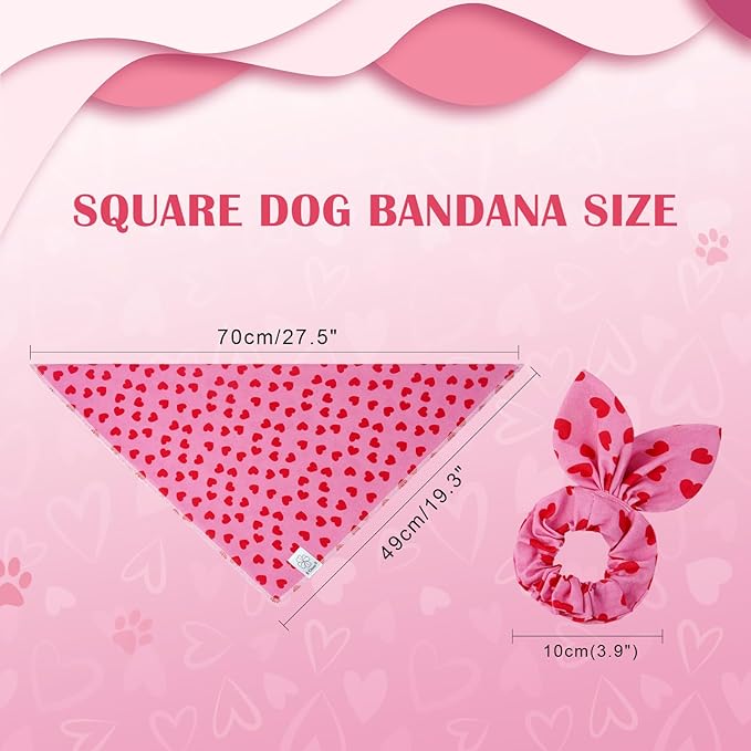 E-Clover Mother's Day Heart Dog Bandanas & Matching Scrunchie Set Cute Girl Dog Scarf Bibs Pet Bandana with Bow Tie for Medium Large Dogs Owner Mom Pink