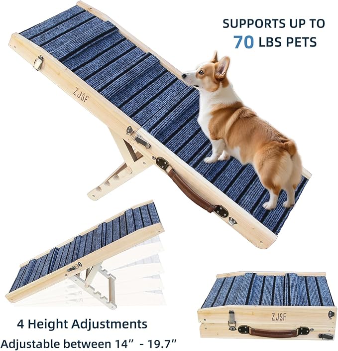 ZJSF Foldable Dog Ramp for High Bed, Wooden Dog Stairs to Bed for Small Dogs, High Traction Platform with 4 Adjustable Heights (14"-19.7"), 33", Supports up to 70 lbs