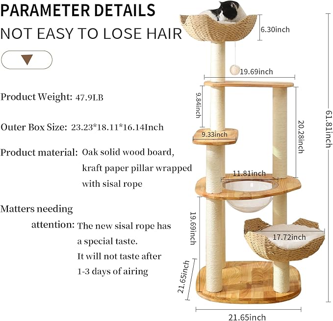 Cat Tree for Indoor Cats, 61'' Multi-Level Solid Wood Cat Tower for Large Adult Cats, Heavy Duty Modern Cat Tree with 9 Sisal Rope Posts, 3 Spacious Perches & Cozy Basket, Stable and Easy to Assemble