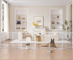 No Pawblems Free Standing Dog Gate with Cat Door, 30'' Tall Foldable Dog Fence for Indoor & Outdoor, Up to 156 Inch Extra Wide Puppy Gate for Stairs, Hallways, Doorways, Deck, Yard (White, 6 Panels)