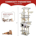 GarveeHome 67 in Cat Tree for Large Cats, Features Scratching Post, Cat Condo, Platforms, Tunnel, Hammock, Food Station & Bowls – Ideal for Indoor Cats, Retro Light Gray