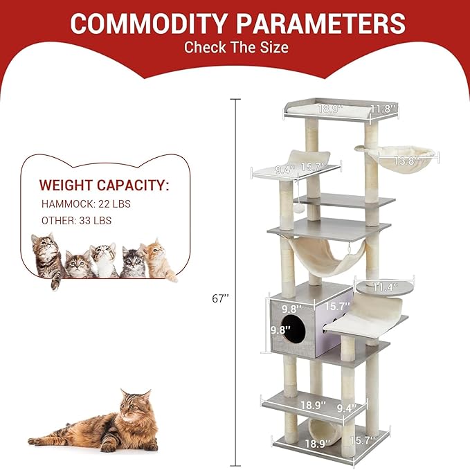 GarveeHome 67 in Cat Tree for Large Cats, Features Scratching Post, Cat Condo, Platforms, Tunnel, Hammock, Food Station & Bowls – Ideal for Indoor Cats, Retro Light Gray