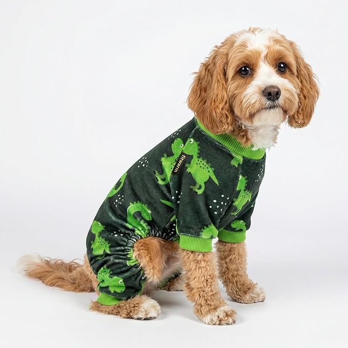 Fitwarm Dinosaur Dog Fleece Pajamas, Warm Clothes for Small Dogs Boy, Cozy Pet Onesie with Feet, Dark Green, Bright Green, Small