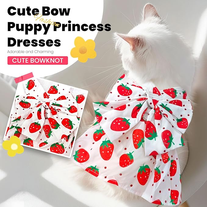 Cute Dog Dress Small Dog Clothes For Girls Female Puppy Outfit Red Strawberry Pet Summer Clothes Bowknot Doggy Cat Princess Dresses Harness for Holiday Birthday Party Costume Clothing (Red,XXL)