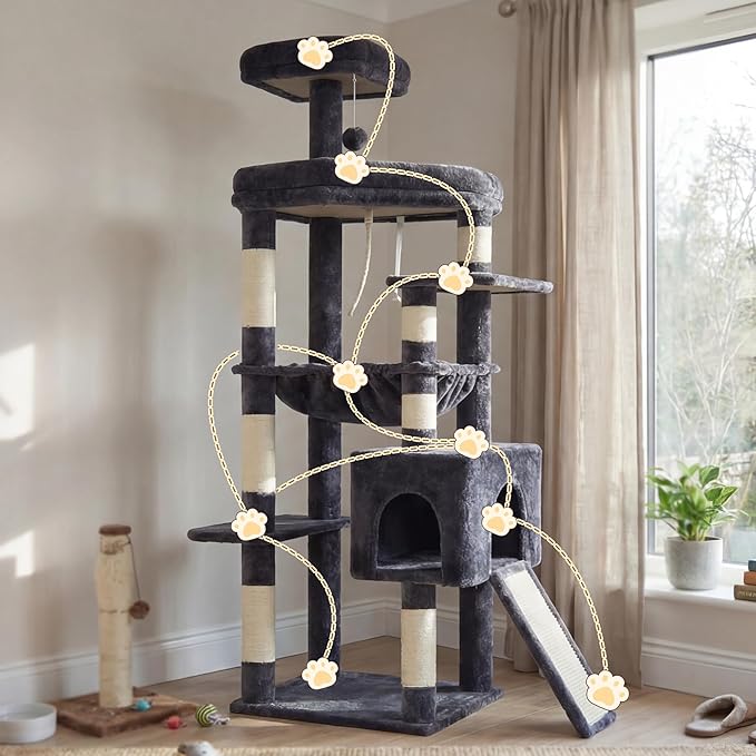 Heybly Heavy Duty Cat Tree, 64.2-Inch Tall Tower for Large Indoor Cats with Widened Structure, Cat Furniture with Big Platforms, Extra-Large Hammock, Sisal Scratching Posts & Board, Smoky Gray HCT027G