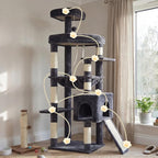 Heybly Heavy Duty Cat Tree, 64.2-Inch Tall Tower for Large Indoor Cats with Widened Structure, Cat Furniture with Big Platforms, Extra-Large Hammock, Sisal Scratching Posts & Board, Smoky Gray HCT027G