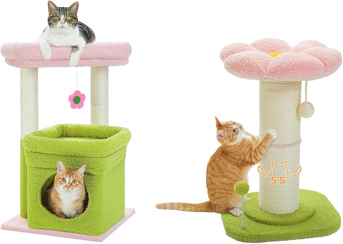 PEQULTI Cat Tree Flower Cat Tower for Indoor Cats and PEQULTI Flower Cat Scratching Post, Small Cat Tree, Tall Cat Scratcher for Indoor Cats