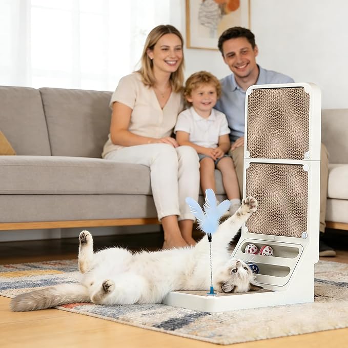 Cat Scratcher Cat Scratch Pad L Shape Wall Mounted Dual Use (Vert/Horiz) Kitten Bunifa Scratching Card Board Vertical Post with Ball Toys Feathers,Protecting Furniture Core is Replaceable Large White