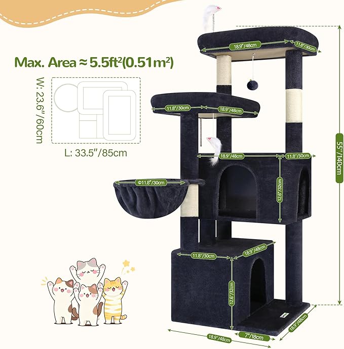 Globlazer Cat Tree Tower with Scratching Post for Indoor Cats, 55inch Tall Plush Multi-Level Cat Climbing Tower Condo House with Hanging Basket, 2 Spacious Cat Cave, F55, Beige (Dark Gray)