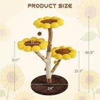 Morden Cat Tree for Indoor Cats, Aesthetic Cat Tree w/Natural Solid Wood Scratching Post, Sunflower Cat Tower with 2 Hanging Toy Ball for Multi-Cat Households, 3 Flower Perches