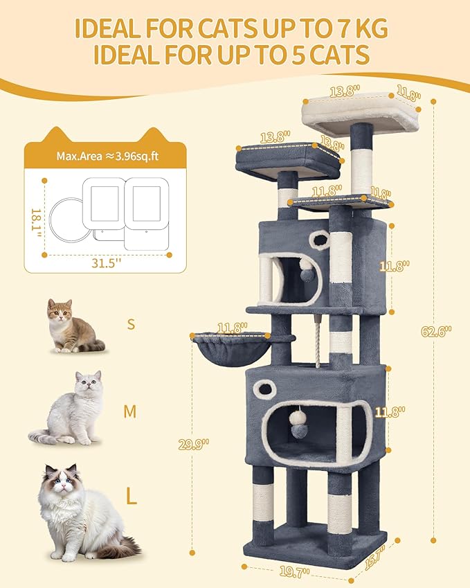 62.6" Cat Tree for Indoor Cats, Cat Tower, Multi-Level Cats Condo with 8 Scratching Posts, 3 Platforms, 2 Caves, Basket, Plush Balls, Sisal Rope, Anti-Tip Kit, Dark Grey MS15918SG