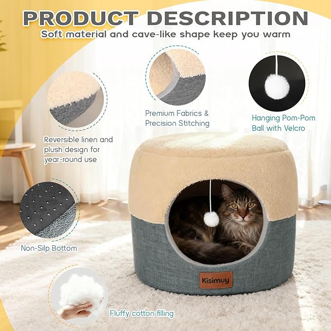 Cat Bed for Indoor Cats, 2-in-1 Convertible Cat Cave & Lounge Bed with Reversible Plush Cushion, Foldable Anti-Slip Cat House - Calming Cozy Hideaway for Kittens&Small Cats with Anxiety Relief, 15.7in