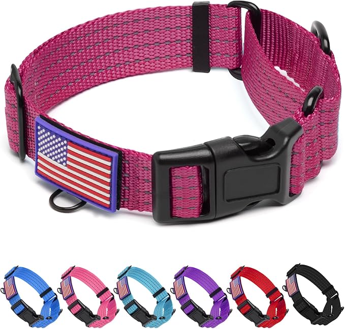 Martingale Collar for Dogs, Reflective Heavy Duty with Quick Release Nylon Buckle-USA Flag-No Pull Training Choker for Walking, Training, Hot Pink,M