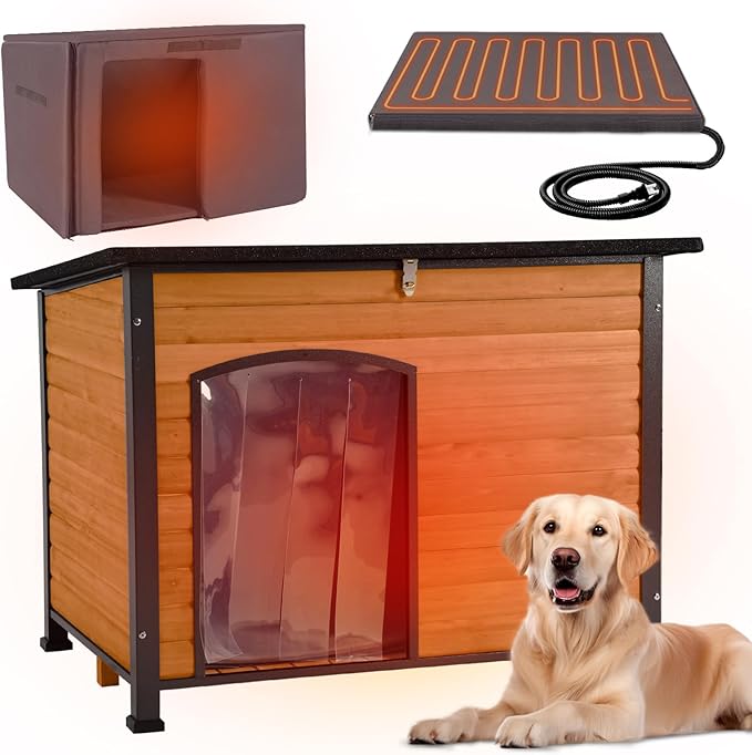 GUTINNEEN Dog House Outdoor, Heated Dog Shelter with Heating Pad, All-Round Insulated Liner, Chew-Proof Metal Frame, Weatherproof Dog Kennel for Winter (Fits Small, Medium, Large Dogs)