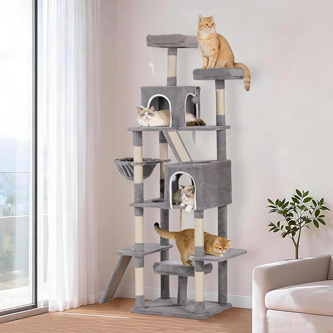 Multi-Level Cat Tree Large Cat Tower with Scratching Posts, Cat Condo for Adult Cats Kittens, Perches and Hammock (Light Gray)