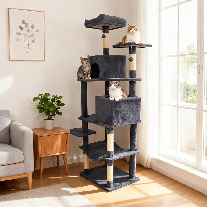 PETSITE Multi-Level Cat Tree, 75 Inches Tall with Sisal Scratching Posts, 2 Condos, Hammock, Dangling Balls, and Cozy Top Perch, Ideal for Indoor Cats to Play and Rest (Dark Grey)