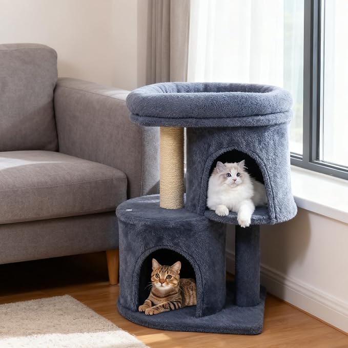 Tangkula Small Cat Tree for Indoor Cats, 26 Inch Cat Tower with Sisal Scratching Posts, Dual Cat Condos with Large Padded Push Perch, Modern Cat Climbing Furniture Activity Center (Dark Grey)