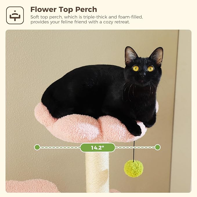Flower Cat Tree, 62-Inch Tall Multi-Level Cat Tower with Scratching Posts, Cat Condos for Large Indoor Cats, Plush Cat Bed w/Padded Perches, Scratching Pad & 2 Green Pompoms, Pink