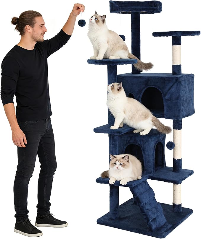 BLKMTY Cat Tree 70" Tall Cats Tower Large Cat Condo Climber Cats Climbing Stand with Top Perches Playhouse and Climbing Ladder Kitty Activity Tree w/Scratching Post Toys, Navy Blue